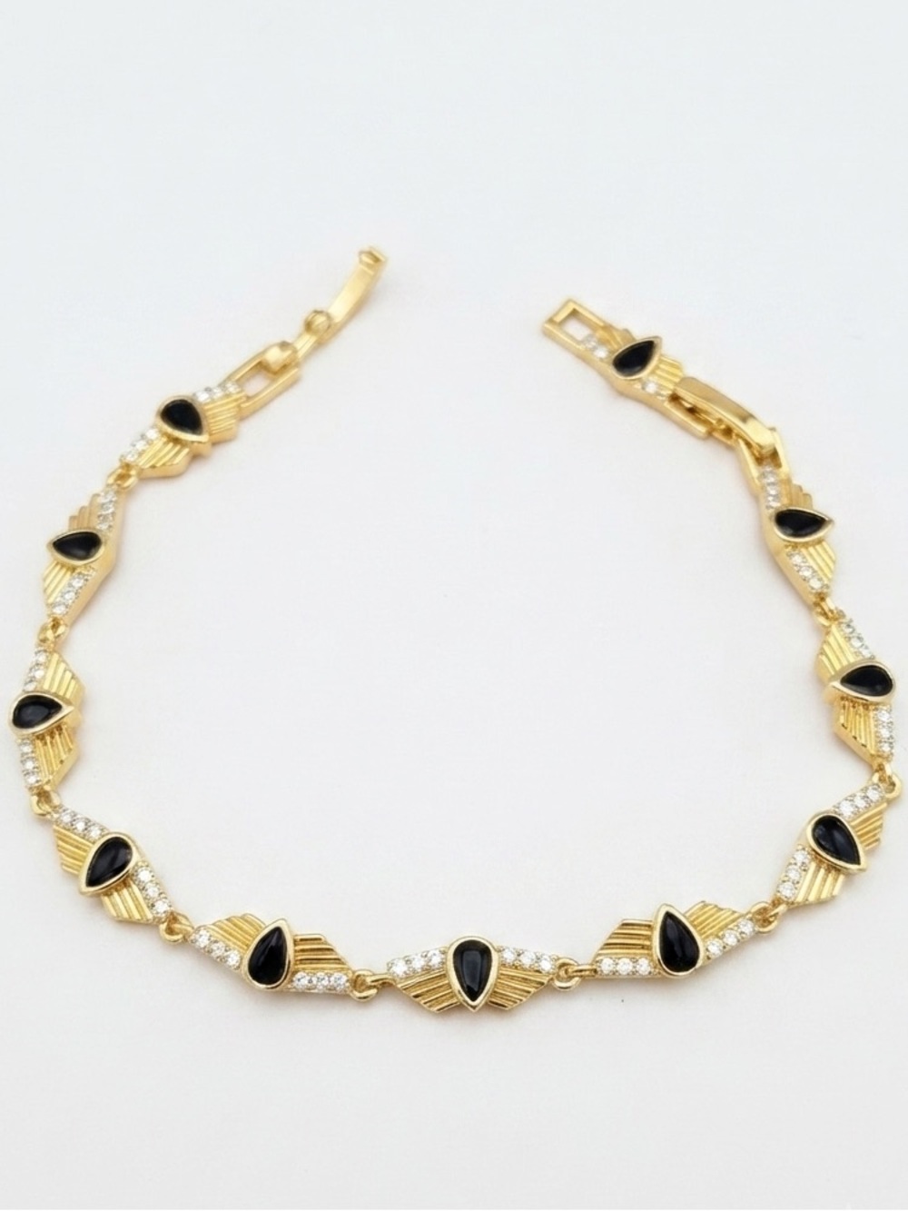 Art Deco Style Black Teardrop  Bracelet 14K Gold Plated Adjustable Wristlet